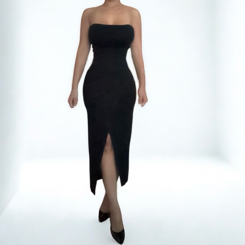 Black Strapless Bodycon Dress with Slit
